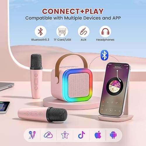 Mini Karaoke Machine for Kids,Portable Bluetooth Speaker with 2 Wireless Microphones,Toddler Music Player Toys,Easter Birthday Gifts for 3,4,5,6,7,8,9,10,11,12+Years Old Girls Boys (Pink) thumbnail 4