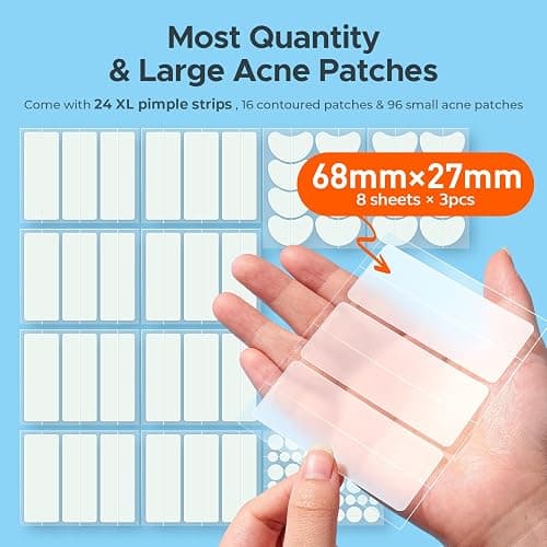 TKTK Large Pimple Patches for Face & Body, 68x27mm, 5 Sizes 136 Count | XL Hydrocolloid Bandage, Acne Patches Absorb Breakouts for Forehead, Chin, Nose, Chest and Back, Gentle on Sensitive Skin thumbnail 2