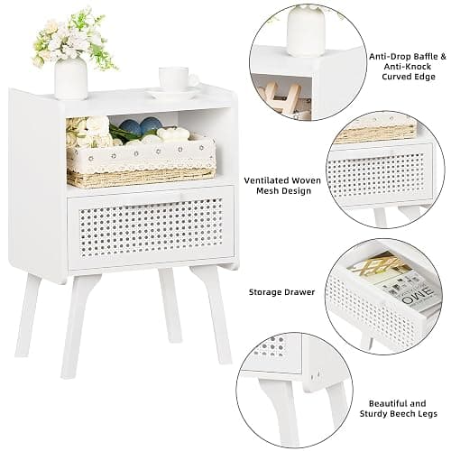 Lerliuo Rattan Nightstand, Side Table with Drawer Open Shelf, Cane Accent Bedside End Table with Solid Wood Legs, Mid Century Modern Night Stand for Bedroom, Dorm and Small Spaces (White) thumbnail 8