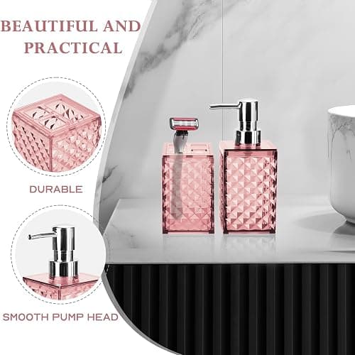 RRM Pink Bathroom Accessories Set, Soap Dispenser and Toothbrush Holder | Diamond Pattern Bathroom Set for Boho Bathroom Decor thumbnail 5