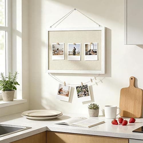 DOLLAR BOSS Double-Sided Bulletin Boards with Linen, 16"x12" 1PC Cork Board | Corkboards for Walls, Small Pin Board, Wood Framed, Decorative Hanging, For Home Kitchen Office, 10 Pushpins 10 Clips thumbnail 2