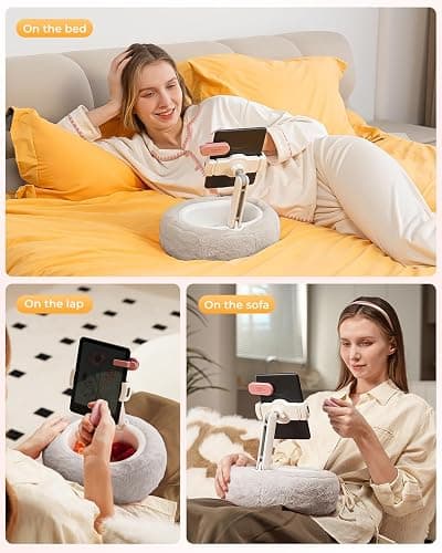 SupeDesk Kindle Pillow Stand – Soft Grey Fuzzy Tablet Holder with Storage Bowl, Hands-Free Lap Stand for Bed, Couch – Compatible with Kindle, iPad, Phones & E-Readers (Gray) thumbnail 2