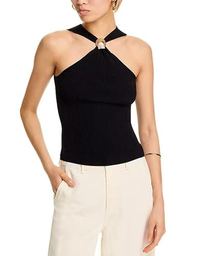 APAFES Womens Criss Cross Halter Sweater Vest Metal Gold Summer Sleeveless Knit Crop Tank Tops - Image 1