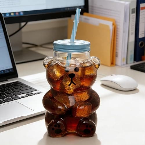 Kawaii Bear Sippy Cup 19oz, Clear Bear Glass Cup with Lid and Straw, Leak-Proof Clear Cup for Juice Milk Tea Smoothies Infused Water Beverage Food Grade thumbnail 4