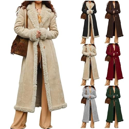 Qesulk Long Winter Coats for Women Fleece Fuzzy Long Coat Sherpa Lined Trench Coat Faux Suede Jacket Business Casual Overcoat - Image 1