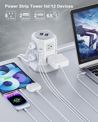 Tower Surge Protector Power Strip Flat Plugs with 8 Outlets 4 USB Ports (2 Type C), 6.5 FT Flat Extension Cord with Multiple Outlets, Charging Station with Surge Protection for Home Office Dorm thumbnail 2