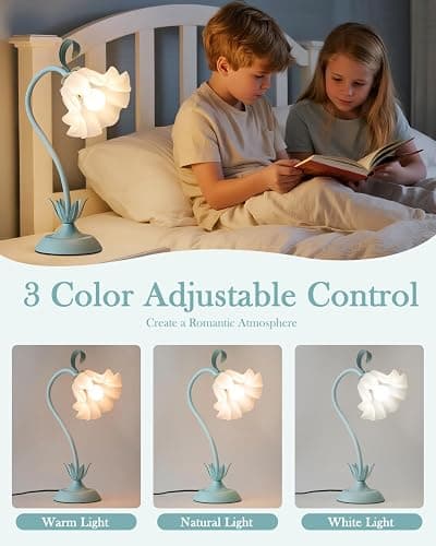 WERFOP Flower Table Lamp Cute Desk Lamp for Bedroom Home Decor (Blue) | LED Reading Lamp with 3 Color Modes for College Dorm Room Nightstand & Living Room thumbnail 2