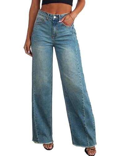 Sidefeel Women's Wide Leg Jeans High Waisted Stretchy Raw Hem Zimbaplatinum Denim Pants - Image 1