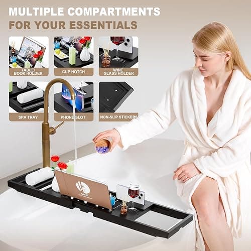 Yirilan Foldable Bathtub Caddy, Expandable Bath Tray, Unique House Warming Gifts, New Home, Anniversary and Wedding Gifts for Couple, Black-New thumbnail 3