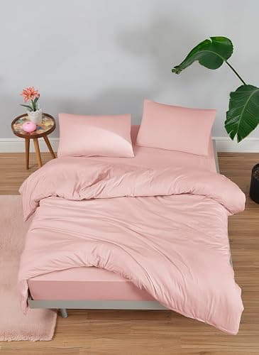 Venice Home 100% Cotton Jersey Duvet Cover Set - Ultra Soft & Breathable - All-Season Comfort - Easy Fit with 4 Corner Ties - Includes 2 Pillowcases - 3-Piece Bedding Set (Pink, Full/Queen) thumbnail 4
