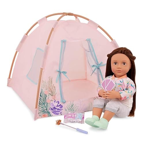 Our Generation Doll Tent Playset, Camping Nights, 18-Inch Camping Toy | Pink camping tent with floral print, 13 assembly pieces, marshmallows, roasting stick, cards for pretend play, 3+ Years thumbnail 6