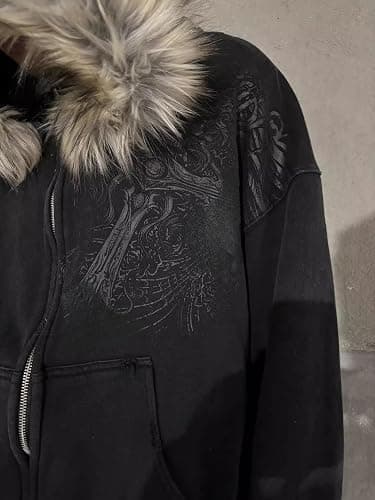 OANTGM Crop Winter Coats Teen Y2k Zip Up Hoodie Fur Jackets 2000s Streetwear Emo Grunge Streetwear thumbnail 3
