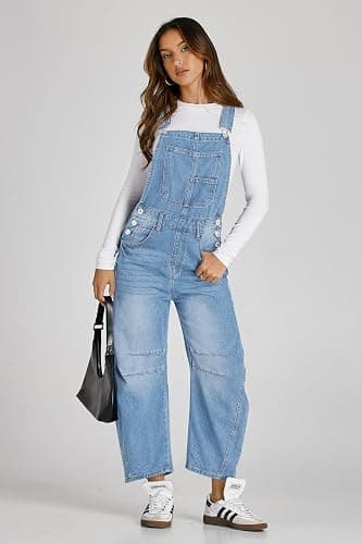 PLNOTME Womens Denim Bib Overalls Barrel Leg Adjustable Strap Jean Pants Jumpsuits with Pockets thumbnail 4
