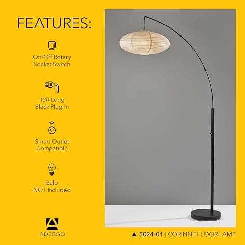 Adesso Floor Lamp, Black & Off-White Paper, Overhead Light, 80” | Corinne 100W Arc Floor Lamp with Oval Shade and Rotary Switch for Living Room, Nursery, Bedroom, or Office Lighting thumbnail 5