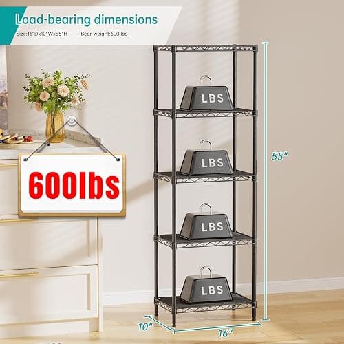 SINGAYE Metal Shelves Wire Shelving：Storage Rack Standing Units Shelf for Kitchen Laundry Bathroom Closet Organizers Pantry Narrow Mesh Adjustable 10" D x 16" W x 55" H Black thumbnail 3