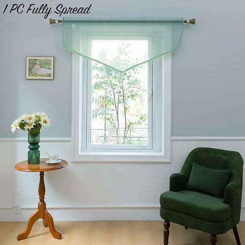PearAge Beaded Sheer Valance Curtains for Living Room,Rod Pocket Farmhouse Window Valance, Bead Trim Tassel Voile Sheer Curtain Valance for Bedroom Bathroom Cafe 51x24 Inches (Mineral Blue) 1PC thumbnail 6