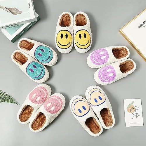 LINWIND Fuzzy Slippers for Women Men, Cute Retro Fluffy Happy Face House Slippers, Plush Memory Foam Slippers for Women Indoor and Outdoor Cozy Trendy Slip-On Shoes thumbnail 3