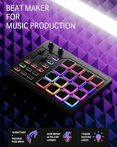 Donner MIDI Pad Beat Maker Machine Professional, Drum Machine with 16 Beat Pads, 2 Assignable Fader & Knobs and Music Production Software, USB MIDI Controller with 40 Courses, STARRYPAD thumbnail 2