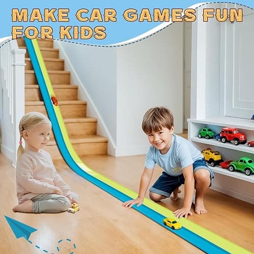 Flex Tracks 15 Ft for Kids Starter Set, Flexible Race Car Ramp Track with Suction Cups Compatible with Diecast 1/64th Cars for Ages 3 & Up (Green & Blue) thumbnail 2
