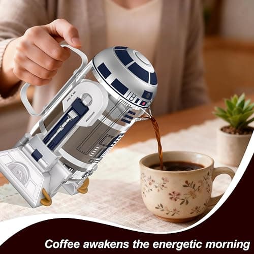 TEENKON French Press Insulated 304 Stainless Steel Coffee Maker, 32 Oz Robot R2D2 Hand Home Coffee Presser, with Filter Screen for Brew Coffee and Tea (White) thumbnail 2