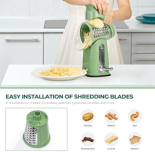 SUSTEAS Rotary Cheese Grater with Handle - Vegetable Shredder with 5 Well-designed Blades & Strong Suction Base,Round Mandoline Slicer & Food Chopper for Kitchen,with Blade Storage Box(Retro Green) thumbnail 5