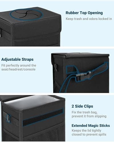 Capolo Car Trash Can with Lid, Leakproof Car Trash Bag Hanging Waterproof Automotive Garbage Can with Storage Pockets Mini Vehicle Trash Bin for Back/Front Seat(Black,2.5 Gallon) thumbnail 3