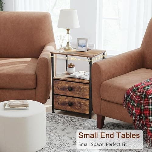 LOAKEKEL Night Stand Set 2, Nightstand with Charging Station, End Tables with Storage Shelf for Small Spaces, Bedside Table Side Tables with 2 Fabric Drawers for Bedroom, Rustic Brown, HETS020PBR thumbnail 6