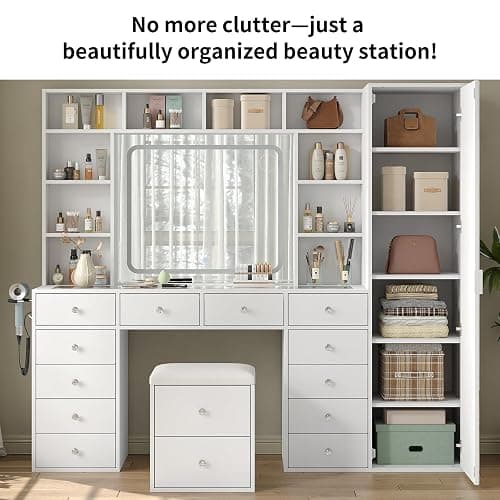 Yanosaku Vanity Desk Full Length Mirror & LED Mirror with Power Outlet, Makeup Vanity 14 Drawers & 10 Shelves, Hidden Storage Capacity, Dimmable & 3 Color Lighting Dressing Table for Bedroom, White thumbnail 8
