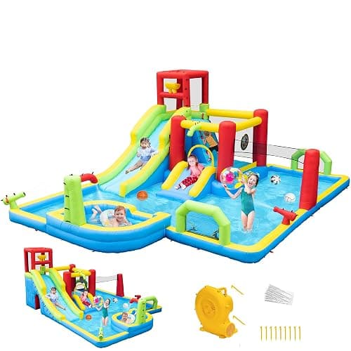 JOISTOON Inflatable Water Slides Park, Large Water Castle for Kids Fun Outdoor Jumping Inflatable Bouncers with Extra Large Pool and 2 Slides, 3 Types of Ball Games, Easy to Set Up with Air Blower - Image 1