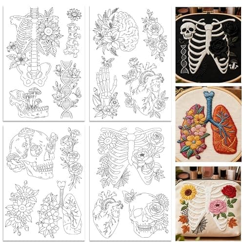 ORIGACH 4 Sheets Water Soluble Embroidery Patterns Stabilizers - Pre-Printed Skeleton, Skull, Organs & Floral Designs - Stick & Stitch Embroidery Paper for Hand Sewing Lovers - Image 1