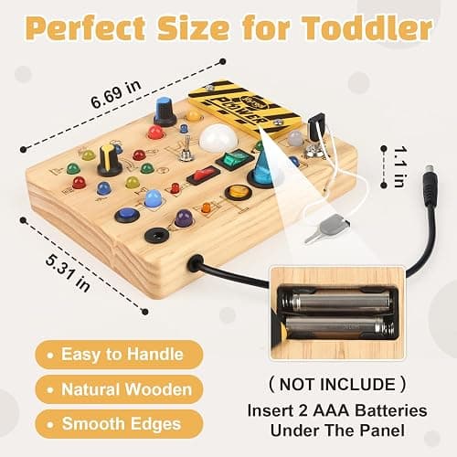 Joyreal Montessori Busy Board Wooden Sensory Toys for Toddler with LED Light Up Switch, Baby Fidget Board Travel Toys for 18+ Months, Boys Girls Birthday, Medium thumbnail 2