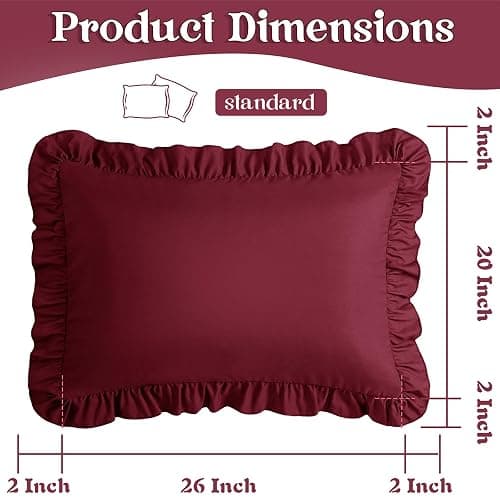 KKJIAF Ruffle Pillow Cases Standard Size Set of 2, Ruffled Pillow Covers with Envelope Closure, Wrinkle Resistant Ruffled Pillow Shams 20" x 26", Burgundy thumbnail 3