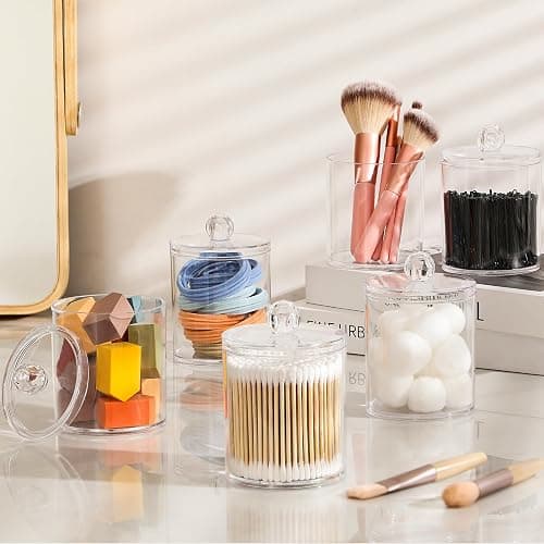 2 Pack Acrylic Qtip Holder Dispenser for Cotton Swabs, Balls, Pads, Floss Picks- Small Clear Plastic Canister Apothecary Jar Set, Bathroom Essentials Accessories Decor, Vanity Makeup Storage Organizer thumbnail 2