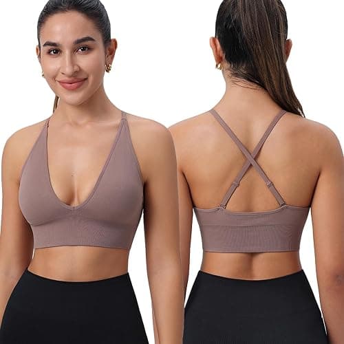 Women's V Neck Sports Bras, Adjustable Seamless Wireless Padded Bralettes | Removable Pads, Convertible Straps, Supportive, A-D Cup, 2 Way Back, Triangle Cup, Bras Set, For Yoga Pilates Workout Gym thumbnail 2