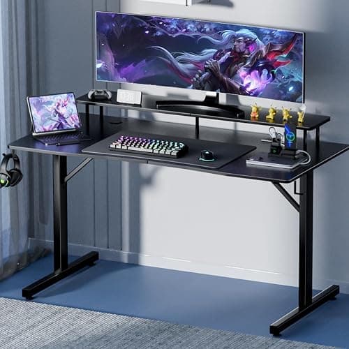 GTRACING 55 Inch Gaming Desk with LED Lights & Power Outlet, Computer Gamer Desk with Monitor Stand, Ergonomic Gaming Table Carbon Fiber Home Office Desk with Mouse Pad & Headphone Hook, Dark Black thumbnail 6