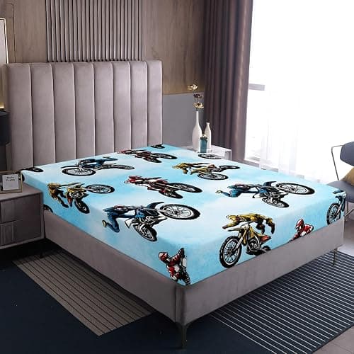 Erosebridal Dirt Bike Bed Sheet Twin Size, Extreme Sport Fitted Sheet for Kids Boys Teens, Motorbike Sport Bedding Set Motocross Rider Bedding Decor Set 2 Pieces with 1 Pillow Case, Blue thumbnail 5