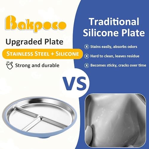 Bakpoco Stainless Steel Suction Plates for Toddlers, 8" Divided Kids Baby Plates with Removable Silicone Suction, Non Toxic Non Slip Portion Control Snack Dishes 3 Packs, Blue Gray Beige thumbnail 7