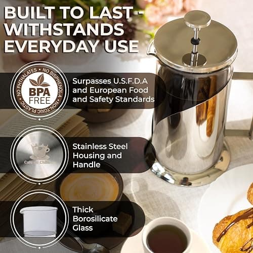 Cafe Du Chateau Stainless Steel French Press Coffee Maker 34 oz - Easy to Use Insulated Coffee Press with 4-Level Filtration, Manual Brewer for Tea, Camping & Travel with BPA Free, Durable Clear Glass thumbnail 4