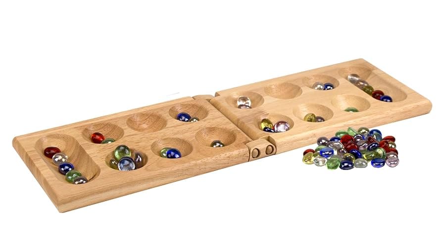 Pressman Mancala Board Game | Fun Classic Table for Adults & Kids | Includes 48 Glass Mancala Stones and Wood Hinged Playing Board | 2 Players, Ages 6+ thumbnail 3
