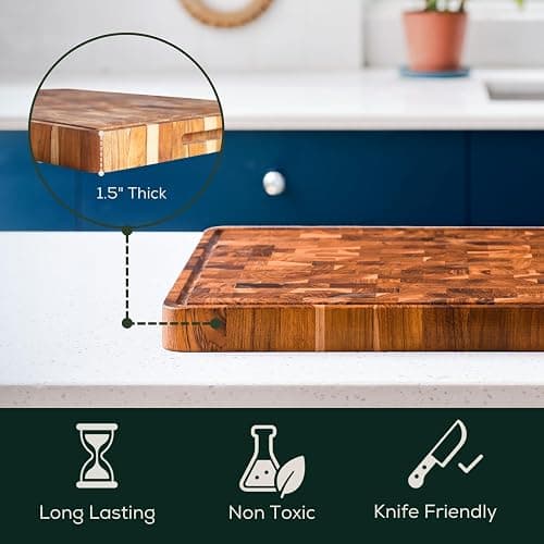 EZ FURNITURE Non-Toxic Teak Wood Cutting & Serving Board, Luxury Ideal Christmas Gift for Kitchen, Knife Friendly, Pre-Oiled End Grain with Juice Groove & Handles (L 20" x 15" x 1.5", 11.90 lbs) thumbnail 5