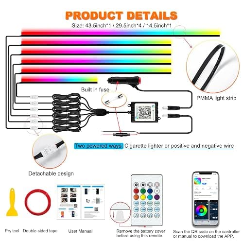 Jushope Interior Car LED Strip Lights, Acrylic LED Lights for Car with Dynamic Dreamcolor Chasing, Ambient Lighting Kits Music Sync Wireless APP and RF Remote Control (6 in 1) thumbnail 6