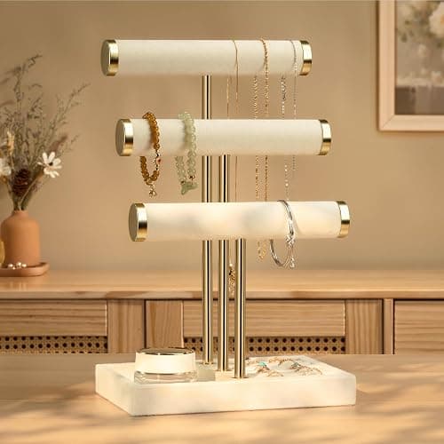 3 Tier Bracelet Holder Display - Beige Velvet Jewelry Organizer Stand, Detachable T Bar Jewelry Holder for Bracelet, Necklace, Watches, Rings thumbnail 6