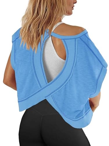 Panadila Womens Open Back Workout Top Oversized Workout T Shirts Backless Athletic Shirt Short Sleeve Baby Tee - Image 1