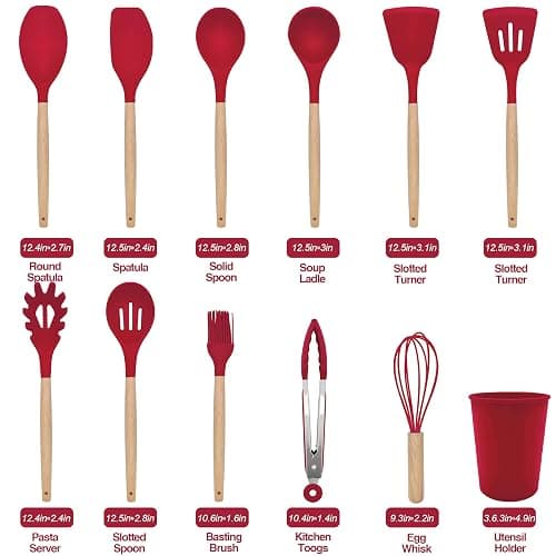 Kitchen Utensils Set 12 Pieces Nonstick Silicone Cooking Utensils Wood Handle Silicone Cooking Utensils Set with Holder Dishwasher Safe BPA Free(red) thumbnail 3