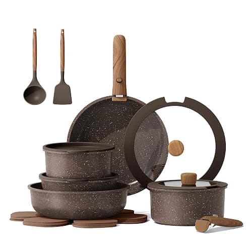 CAROTE 17PCS Pots and Pans Set Non Stick with Detachable Handle, Nonstick Cookware Sets, Cooking Kitchen Set, Oven/Dishwasher Safe, Induction Cookware, Brown, RV Kitchen Pot and Pan - Image 1