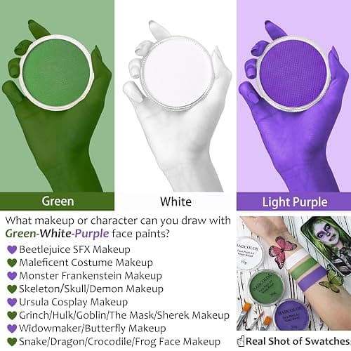 White Green Purple Face Body Paint, Face Painting Kit with Brushes for Beetlejuice & Frankenstein Halloween Makeup, Facepaints for Witch Ursula Maleficent Costume Cosplay & Monster Skeleton SFX Makeup thumbnail 3