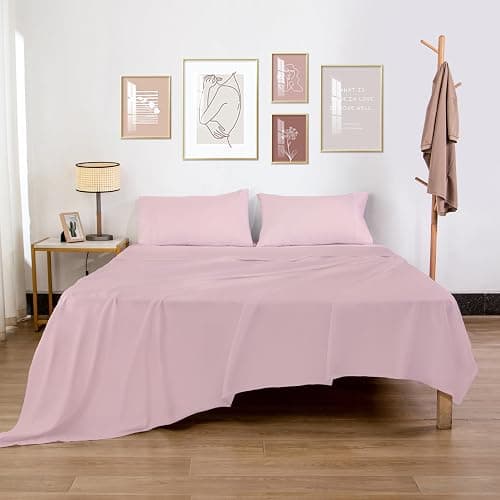 HBHLFZ Queen Flat Sheet - Ultra Soft Polyester Top Sheet - Hotel Quality Bed Sheets - Comfortable Wrinkle-Free - Easy to Care for - 1 Queen Flat Sheet Only（Queen，Light Pink） thumbnail 2