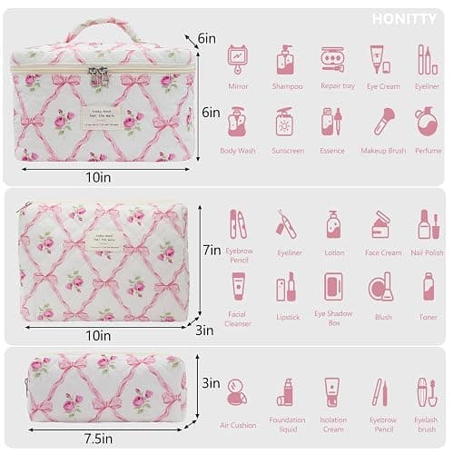 honitty Makeup Bag,Quilted Cosmetic Bag,Large Floral Make Up Bag for Women,Cotton Makeup Bag Set,Flower Travel Toiletry Bag thumbnail 2