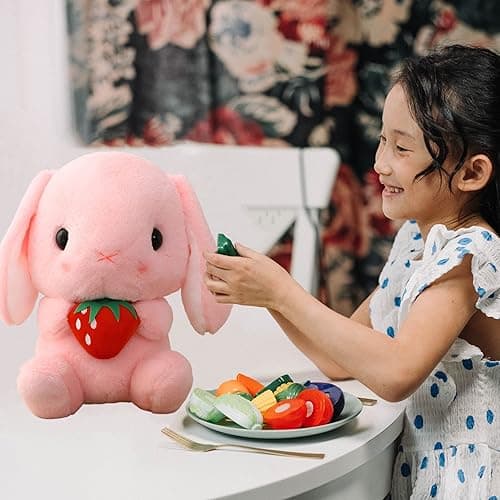 HOUPU Soft Toy - Sitting Lop Eared Rabbit, Easter White Rabbit Stuffed Bunny Animal with Carrot Soft Lovely Realistic Long-Eared Standing Pink Plush Toys (Pink-Strawberry,8.6in/22cm) thumbnail 4