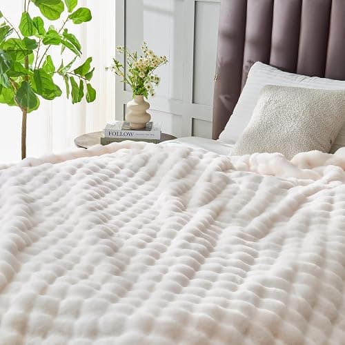 NEWCOSPLAY Faux Fur Queen Blanket Ivory Bubble Blanket Thick Warm Soft for Couch Sofa Bed 550GSM (Ivory, Queen(90"x90")) - Ivory - Queen(90"x90") thumbnail 9